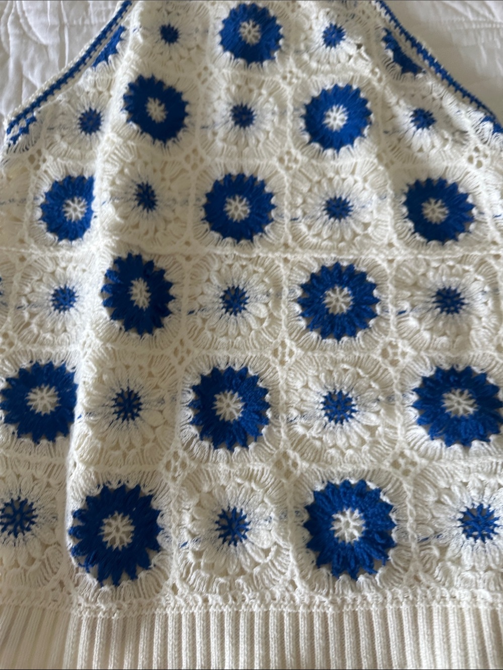 Tribal White Crochet Top with Blue Floral Accents